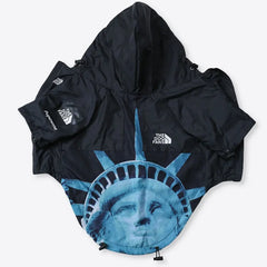 American Apparel Dog Hoodie in black and blue with a Statue of Liberty design, laid flat