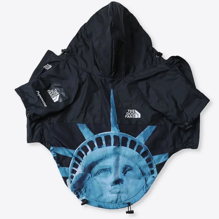 American Apparel Dog Hoodie in black and blue with a Statue of Liberty design, laid flat