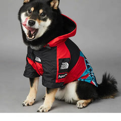Dog wearing American Apparel Dog Hoodie in red with a Statue of Liberty design, front view