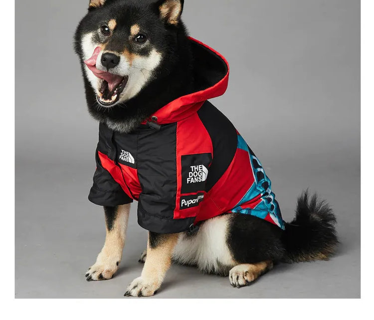 Dog wearing American Apparel Dog Hoodie in red with a Statue of Liberty design, front view