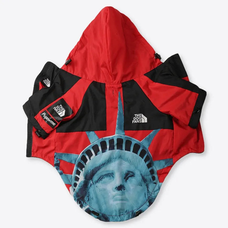 American Apparel Dog Hoodie in red with a Statue of Liberty design, laid flat