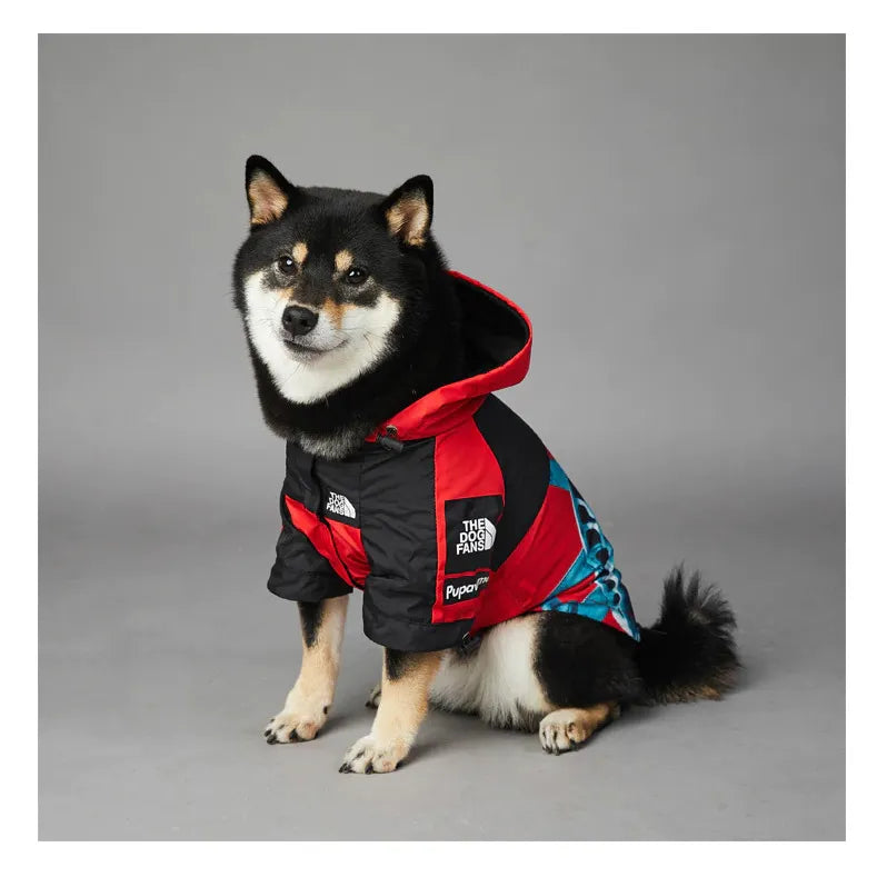 Dog wearing American Apparel Dog Hoodie in red and black with a Statue of Liberty design, front view