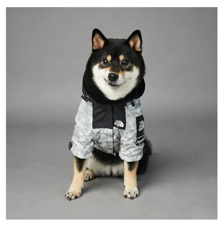 Side view of a Shiba Inu wearing a grey dog hoodie in grey and black with 'The Dog Fans' logo.