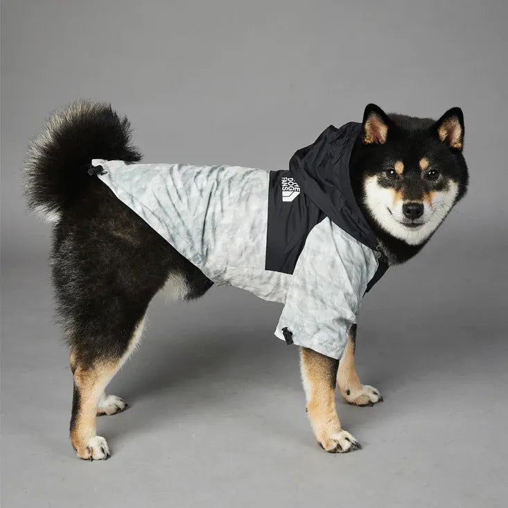 Shiba Inu in a grey dog hoodie posing from the side, showcasing 'The Dog Fans' logo.