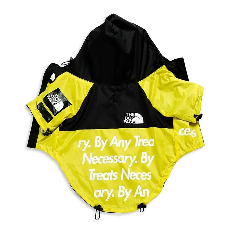 Yellow and black "The Dog Face" hoodie for dogs with "Treats Necessary" print, showcasing trendy dog apparel.