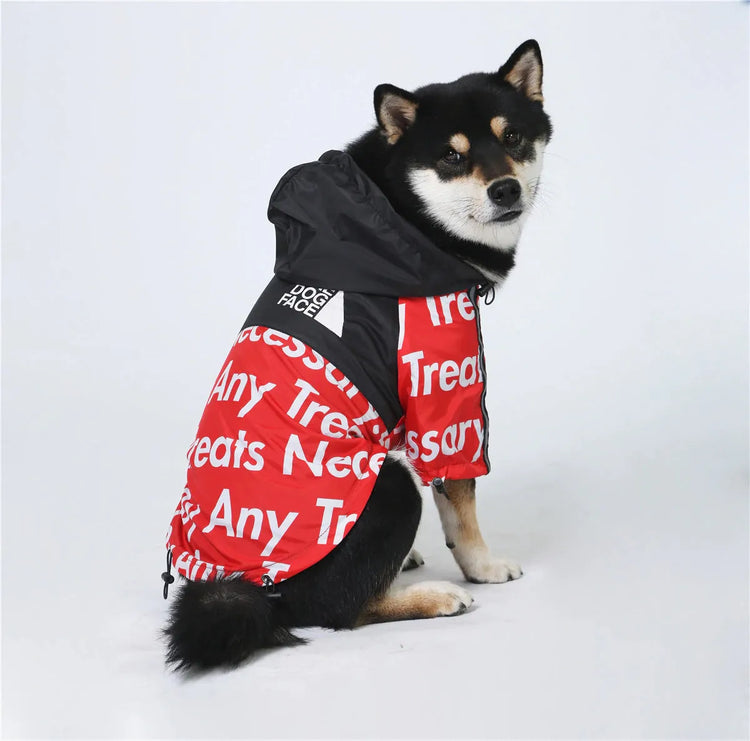 Shiba Inu dog wearing a black and red hoodie with alphabet print by "The Dog Face," showcasing hoodies for dogs.