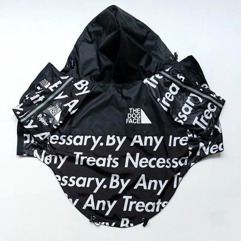 Black and white "The Dog Face" hoodie for dogs with "Treats Necessary" print, stylish dog clothing.