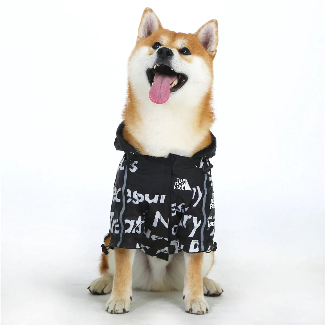 Shiba Inu dog modeling a black "The Dog Face" hoodie with "Treats Necessary" print, showcasing trendy dog wear.