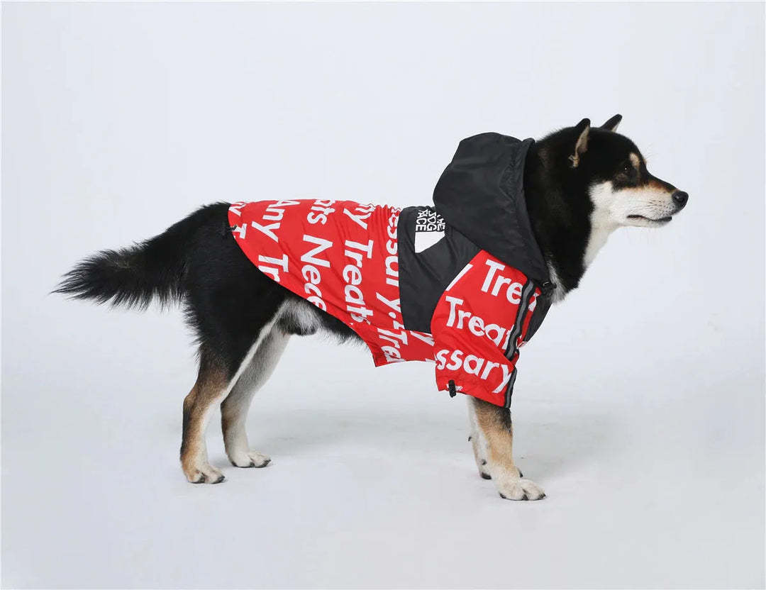 Shiba Inu dog standing and wearing a red hoodie with "Treats Necessary" print, functional hoodies for dogs by "The Dog Face."