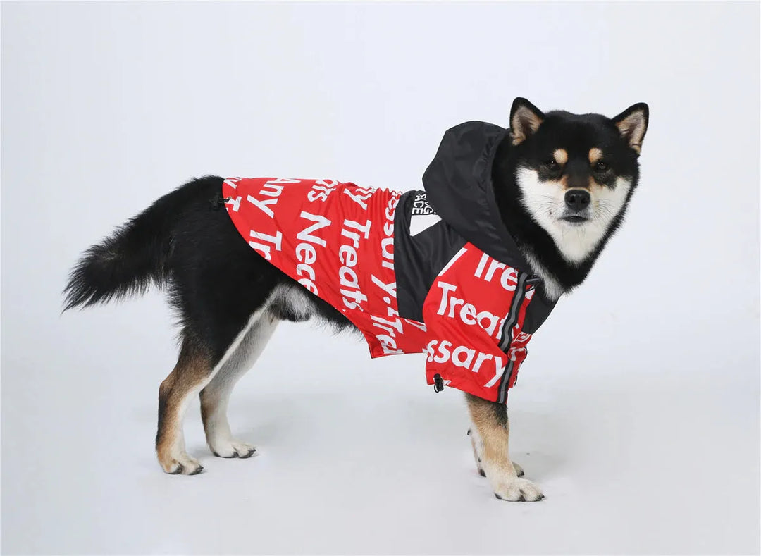 Side view of Shiba Inu dog in a red alphabet print hoodie by "The Dog Face," perfect hoodies for dogs.