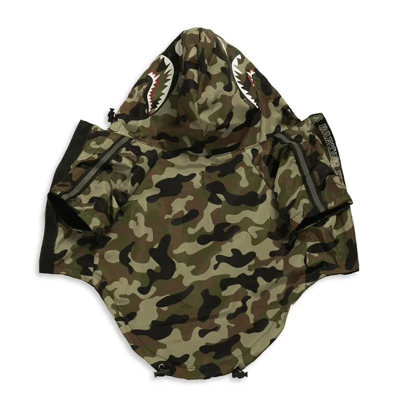 Back view of a camouflage dog hoodie designed for large dogs, featuring a fierce shark design on the hood.