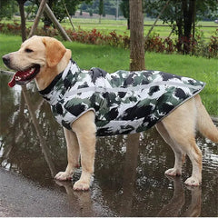 Side view of a green reflective waterproof dog jacket with camouflage patterns.