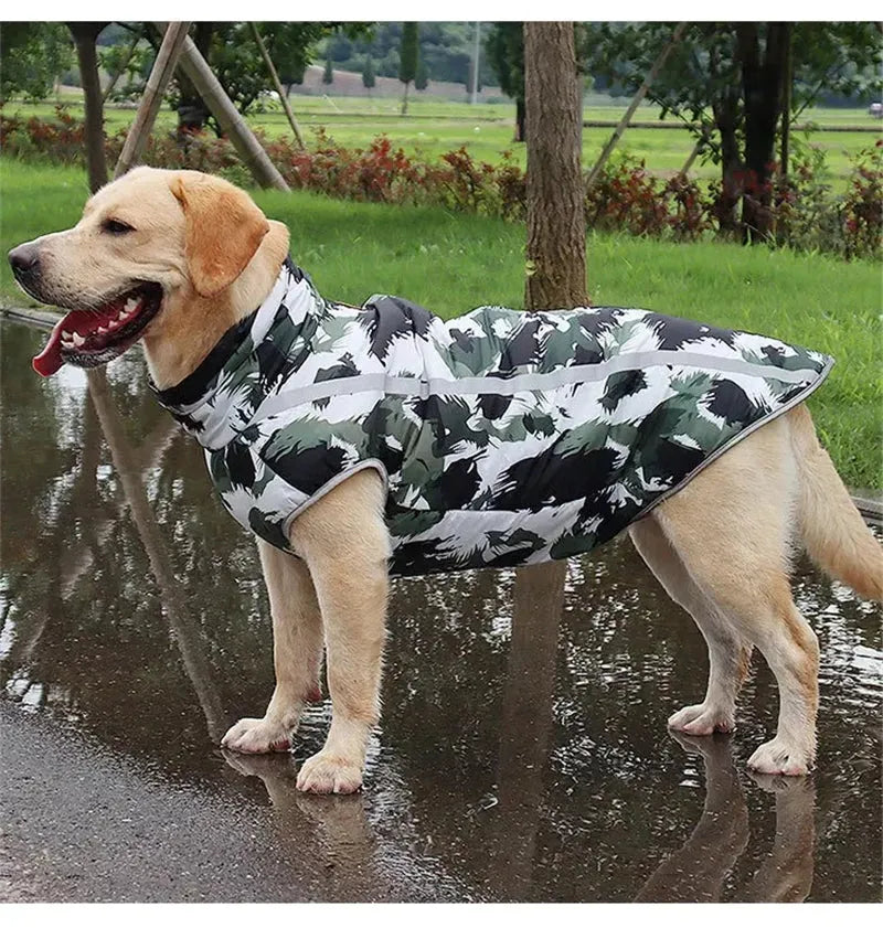 Side view of a green reflective waterproof dog jacket with camouflage patterns.