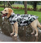 Side view of a green reflective waterproof dog jacket with camouflage patterns.