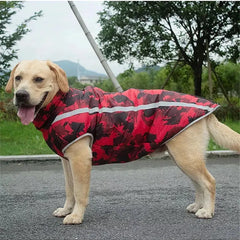 Side view of a black reflective waterproof dog jacket with geometric patterns, displayed on a model dog.