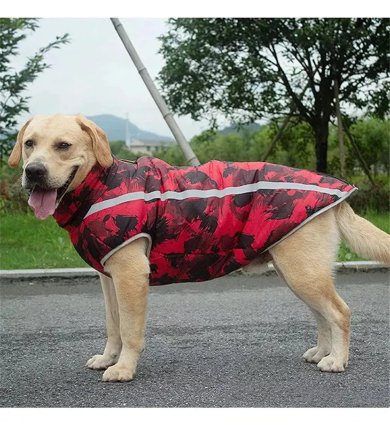 Side view of a black reflective waterproof dog jacket with geometric patterns, displayed on a model dog.