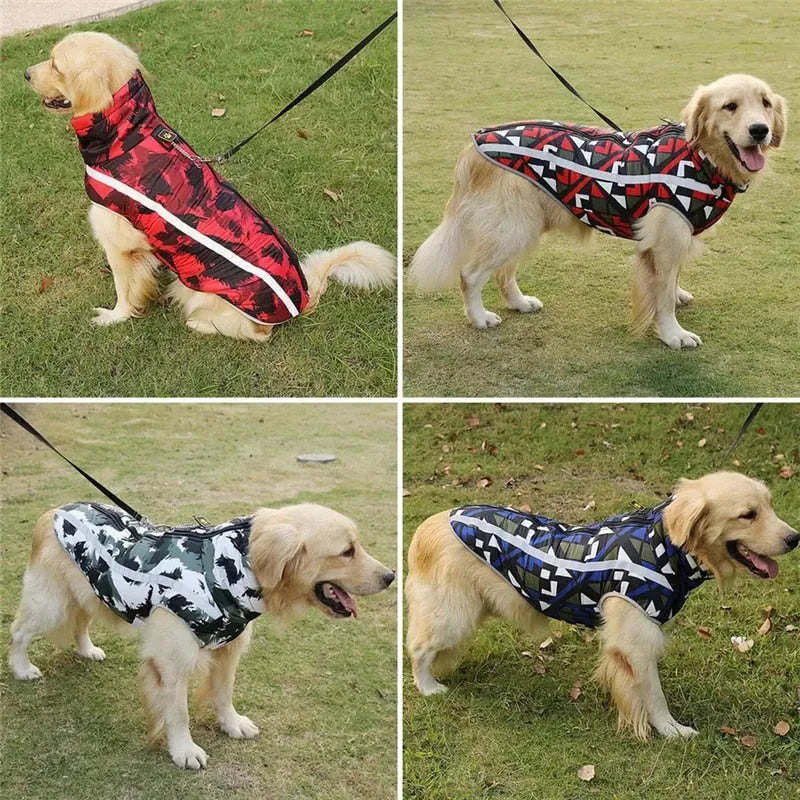 Side view of a blue reflective waterproof dog jacket with geometric patterns, displayed on a model dog.