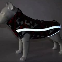 Dog wearing a red reflective waterproof dog jacket with camouflage patterns, standing on a path.