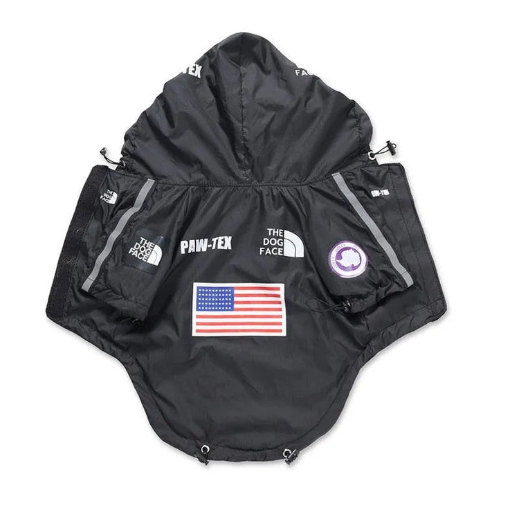 Back view of a black large dog hoodie featuring 'The Dog Face' logo and an American flag design.