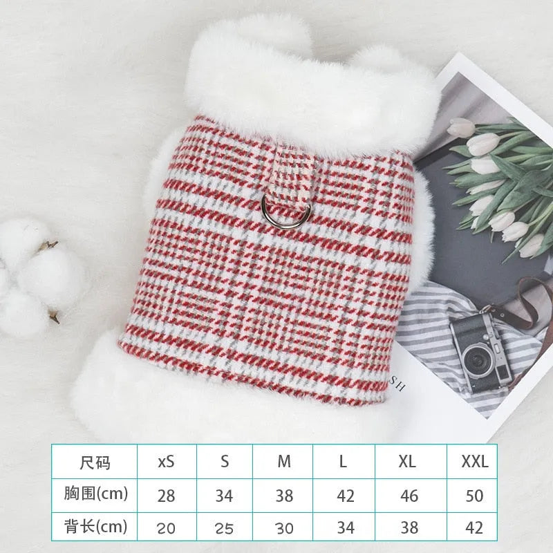 Red plaid dog coat with white fleece lining and size chart for different sizes