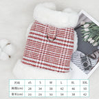Red plaid dog coat with white fleece lining and size chart for different sizes