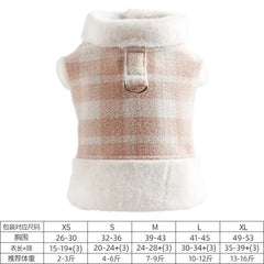 Pink plaid dog coat with white fleece lining and size chart for different sizes
