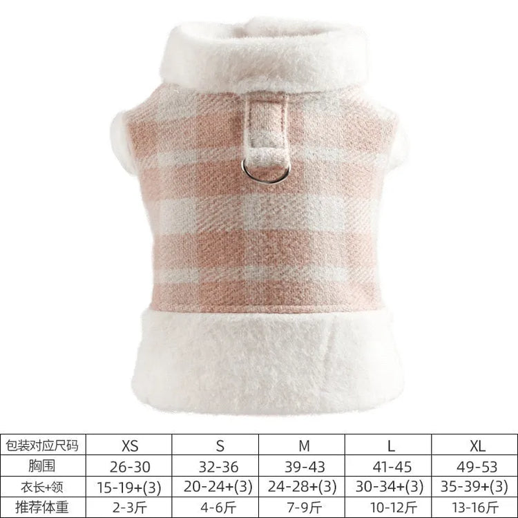 Pink plaid dog coat with white fleece lining and size chart for different sizes