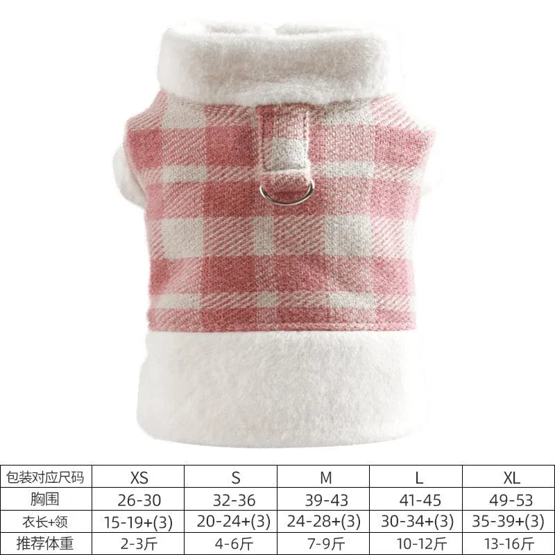 Pink plaid dog coat with white fleece lining displayed with a size chart for various sizes