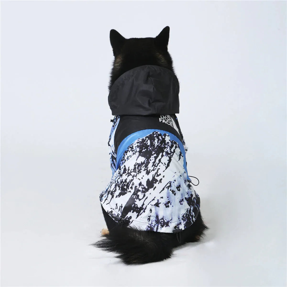 Shiba Inu wearing a mountain-themed blue dog hoodie by The Dog Face, standing and looking forward