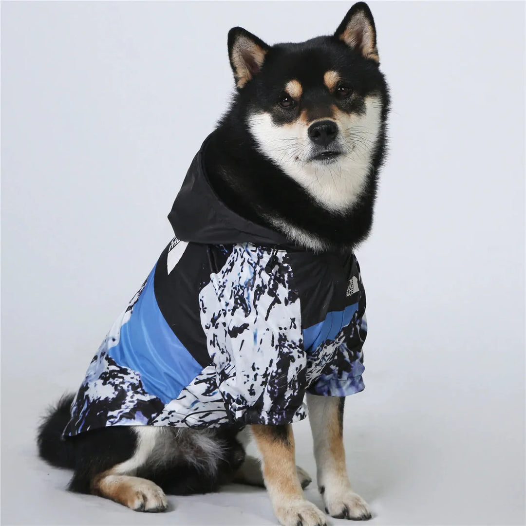 "Shiba Inu wearing a mountain-themed blue dog hoodie by The Dog Face, sitting and looking sideways.