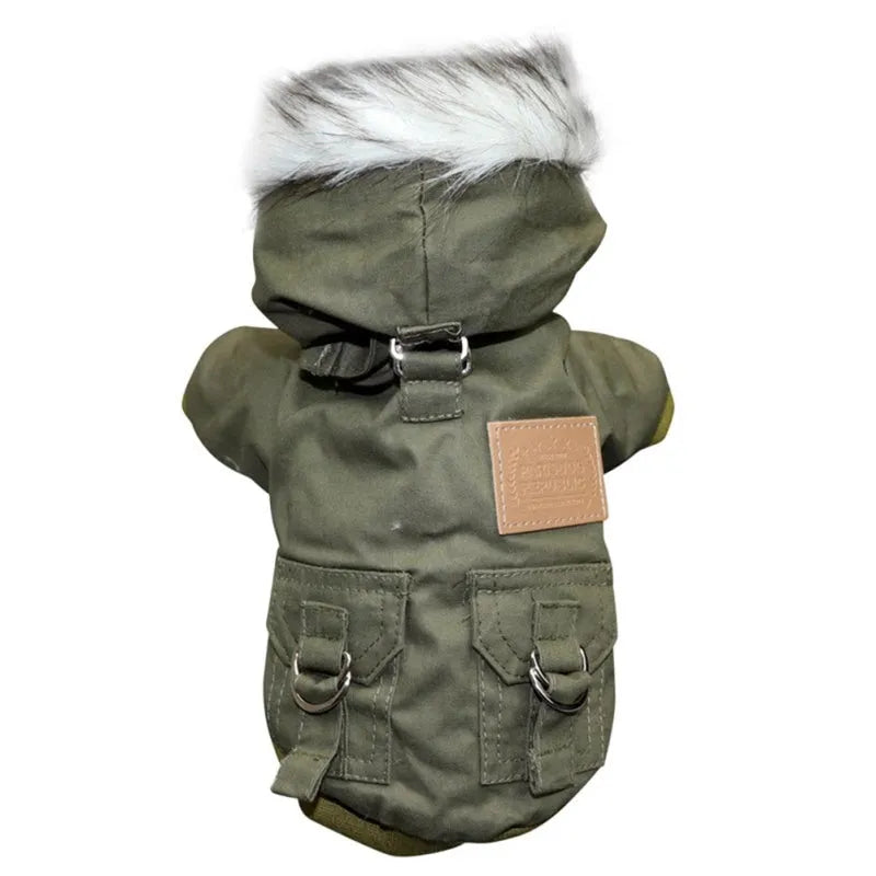 A green dog hoodie with faux fur trim and pocket details laid flat on a white background,