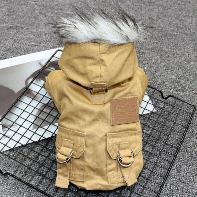 A tan dog hoodie with faux fur trim and pocket details laid flat on a gray background, keyword: Dog Hoodies For Small Dogs.