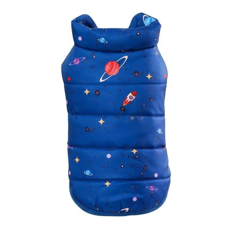 Puffer coat for dogs in my galaxy blue back view.