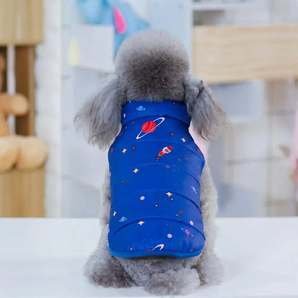 Puffer coat for dogs in my galaxy blue worn by a dog back view.