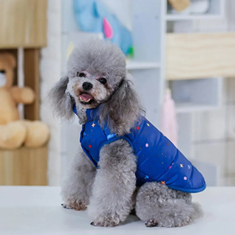 Puffer coat for dogs in my galaxy blue worn by a dog front view.