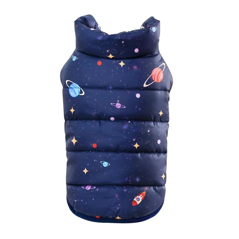 Puffer coat for dogs in my galaxy dark blue back view.