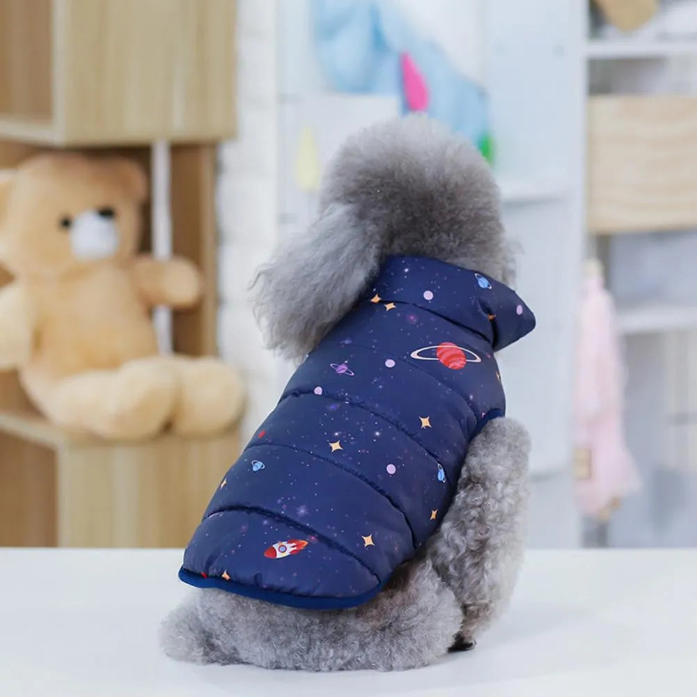 Side view of a dog wearing a puffer coat for dogs in my galaxy design.