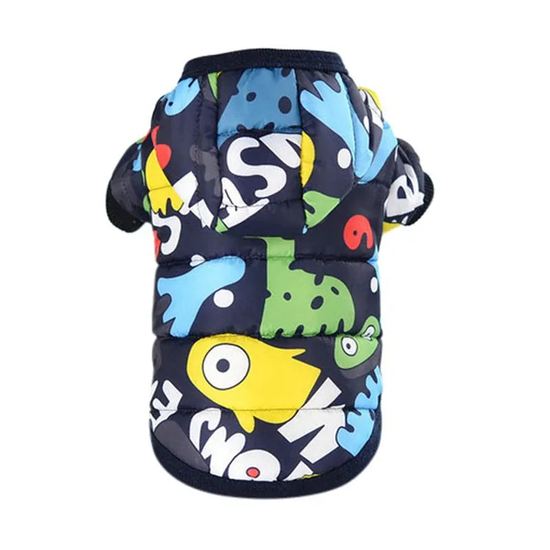 Close-up of a small dog hoodie featuring vibrant colors and playful cartoon designs, ideal for fashionable dogs.