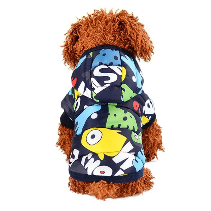 Brown poodle wearing a small dog hoodie with colorful cartoon patterns, showcasing trendy pet apparel.