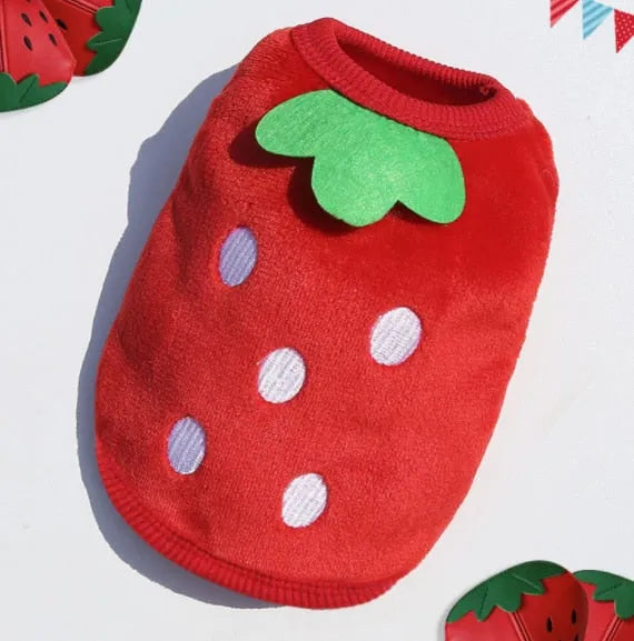 A plush red dog sweater designed to resemble a strawberry, complete with white seeds and a green leafy collar.