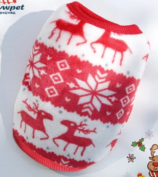 A festive red and white dog sweater featuring reindeer and snowflake patterns, perfect for very small dogs during the holiday season.